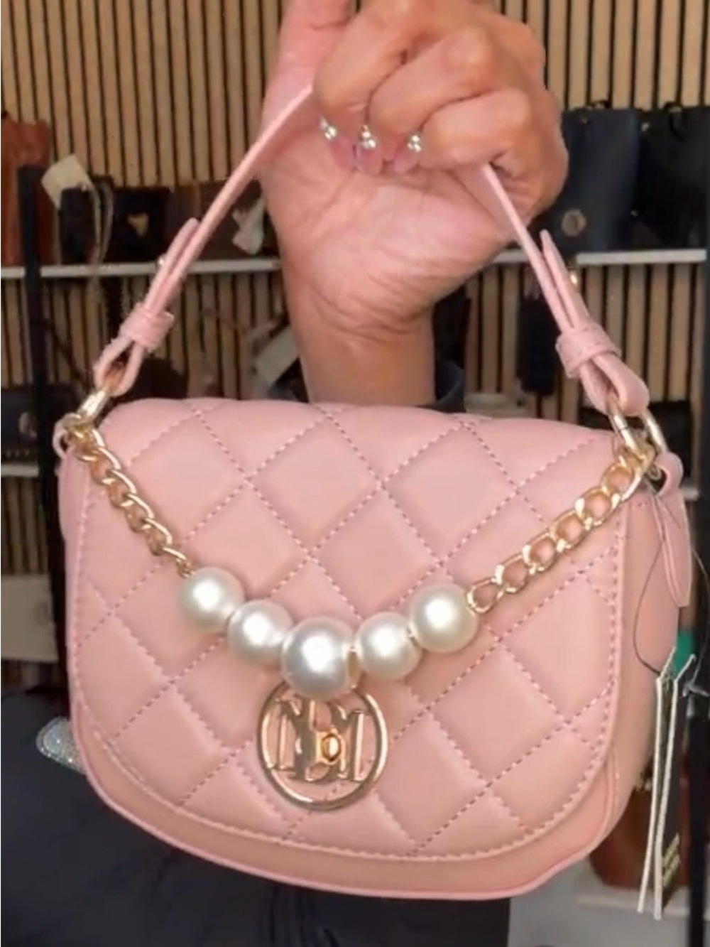 Badgley Mischka Quilted Pearl-Accent Shoulder Bag in Blush Pink